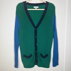 New BP.  Colorblock Varsity Cardigan Mens Medium Blue Green Knit V-Neck Sweater